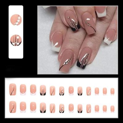 S.A.V.I 24Pc Nude French Manicure Press-On Nails - Long Square Shape with Adhesive Tabs & Liquid Glue