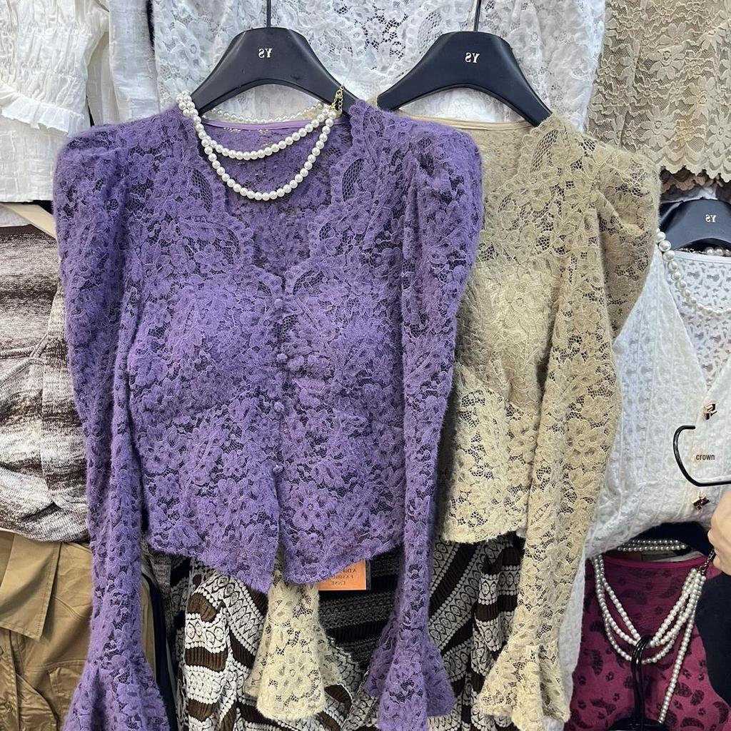 V-Ausschnitt Langarm Puffärmel Spitzenoberteil für Damen - Slim Fit Aushöhlungsdesign