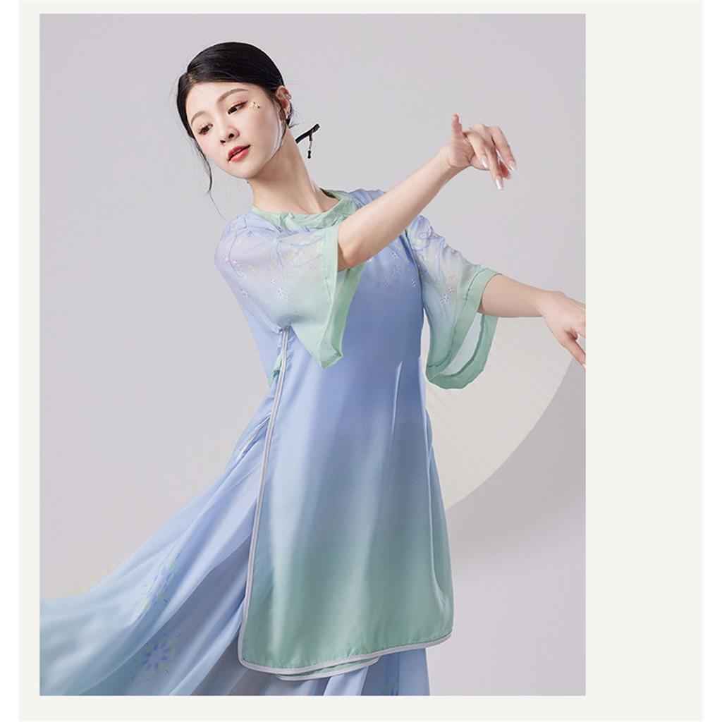 Costume da Danza Classica Cinese da Donna, Abito da Esibizione in Chiffon Stampato Sfumato Blu Verde Fluttuante