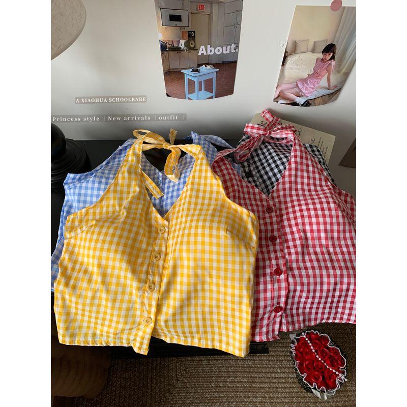 Kumikumi Retro Gyaru Plaid Halter Top Sling Women clothes Summer Niche Chic Slimming Outer Wear Top