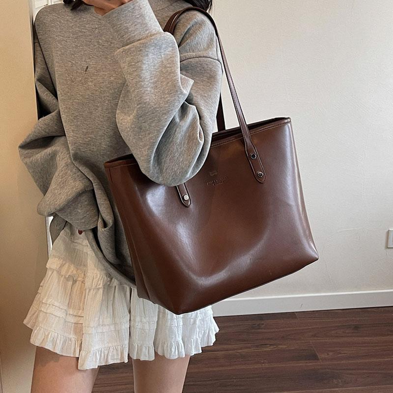 Simple Solid Color Large Capacity Women Tote Bags High End Fashi Soft Leather Shoulder Bag Vintage Travel Commuting Handbags