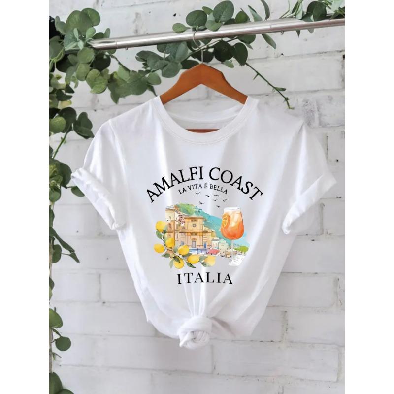 Dámská bavlněná trička s krátkým rukávem, kulatým výstřihem a potiskem