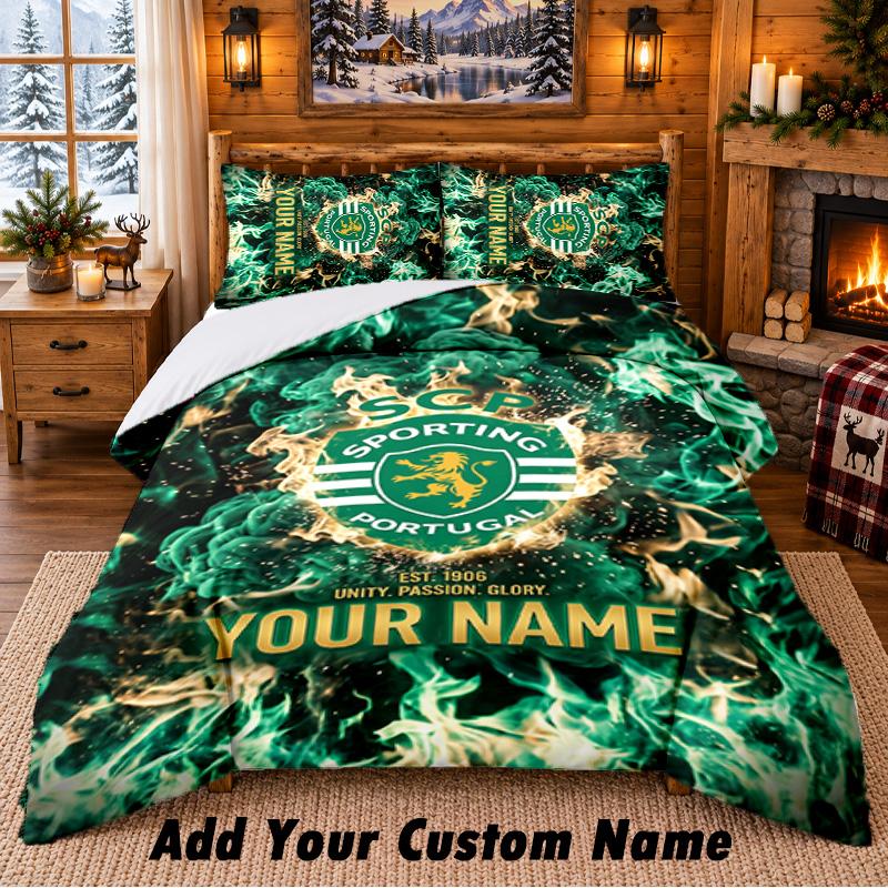 Set de așternut 3 piese cu model Sporting CP Nume personalizat, Cearșaf și Fețe de pernă Pentru Dormitorul de Acasă
