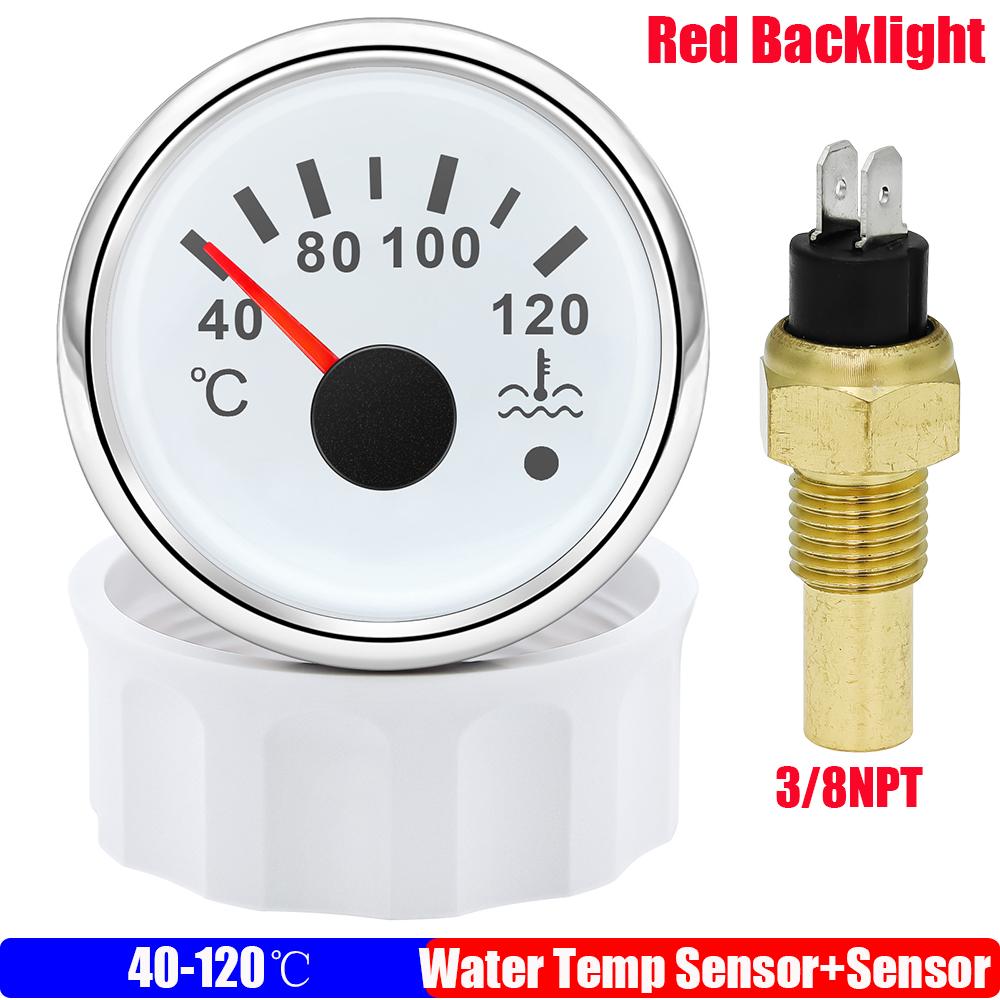 40~120 Celsius 52mm Water Temperature Gauge+Sensor with Flash Alarm Waterproof Red Light Water Temp Meter for Car Boat 12V 24V