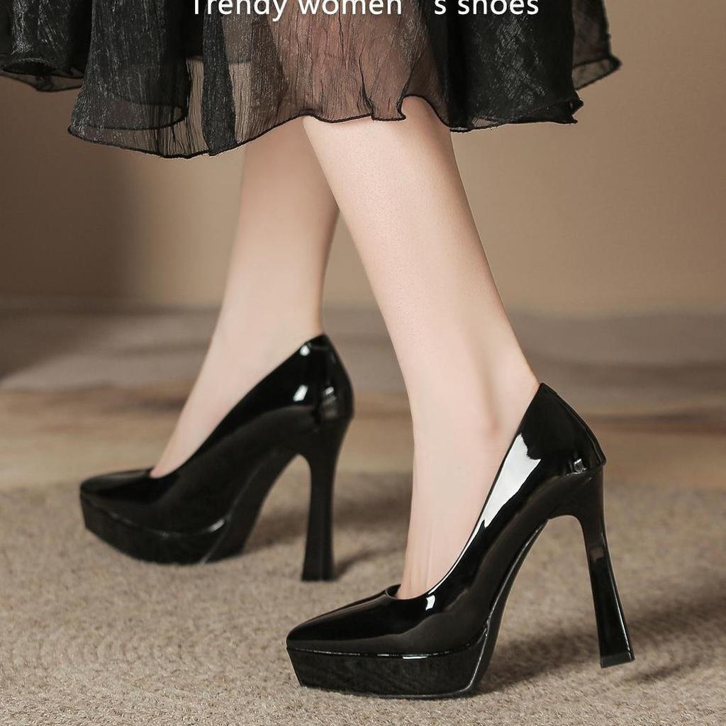 2025 Spring and Autumn New Waterproof Table Nude High Heels Women's Patent Leather Versatile Etiquette Catwalk Thick Heel Not Tired Feet Single Shoes