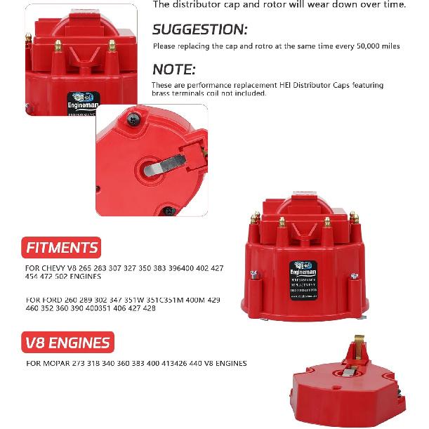 Red Male HEI Distributor Cap And Rotor Kit For SBC BBC 283 305 307 327 350 396 454 V8 Engines Performance Replacement For K549, 8416, 400, 454