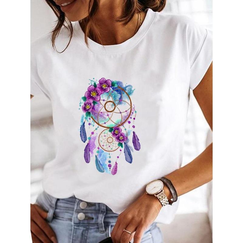 Spring Summer Women's Clothing Love Flower Plant Printed Casual Simple Trendy Top Round Neck Pure Cotton Short Sleeved T-Shirts Women’s