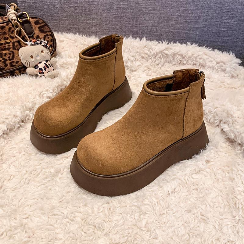 Women's Fashion Platform Snow Boots Winter New Round Head Suede Back Zipper Anti-slip Wear-resistant Short Boots