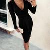 Rochie Midi Bodycon de Damă cu Decolteu în V, Mânecă Lungă, Model Wrap, cu Șnur în Talie și Decupaj