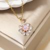 Stainless Steel Pink Imitation Pearls Flower Pendant Necklace with Zirconia for Women