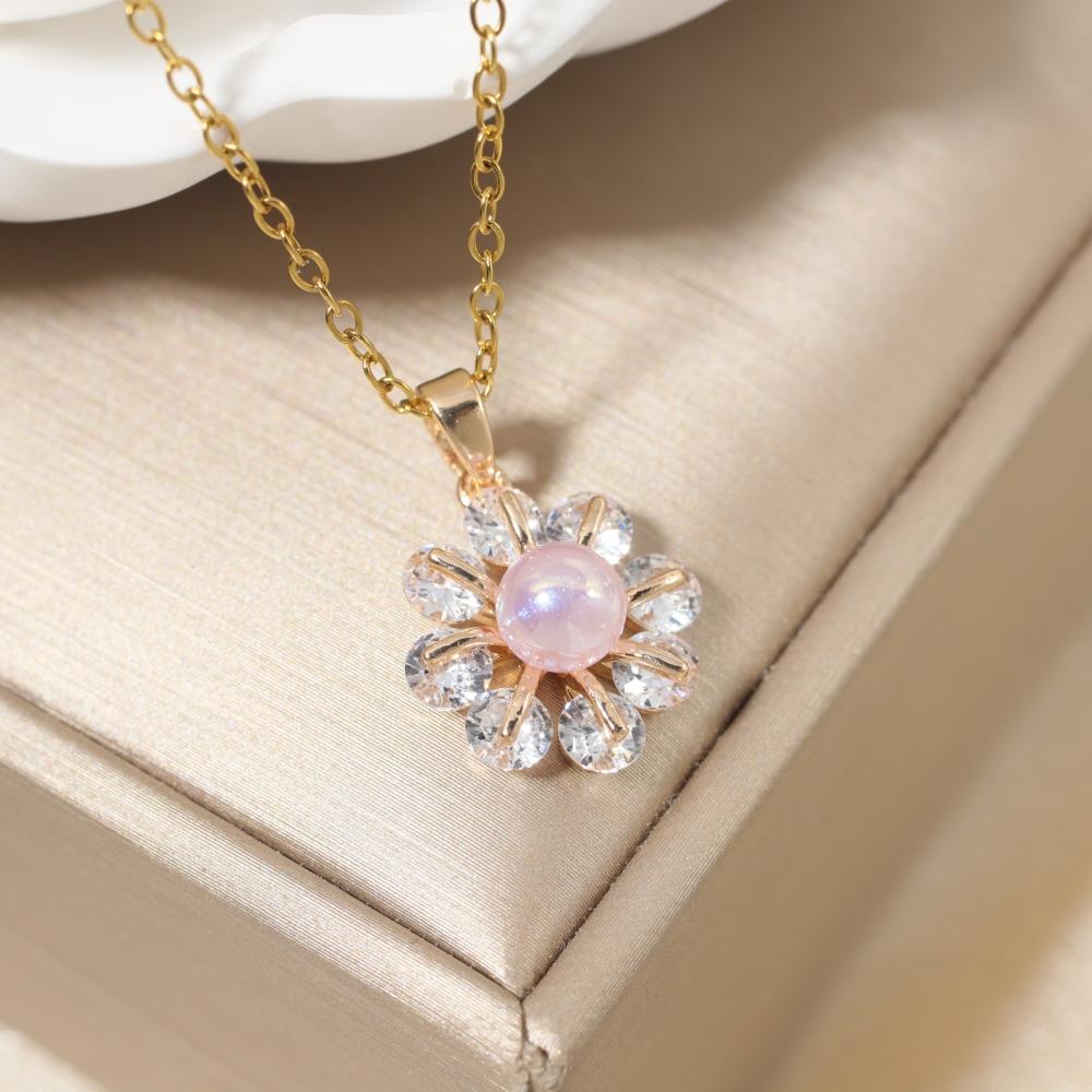 Stainless Steel Pink Imitation Pearls Flower Pendant Necklace with Zirconia for Women