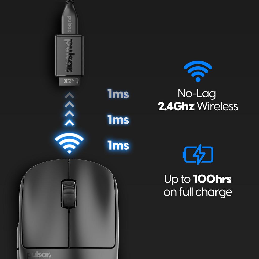 Pulsar Gaming Gears X2V2 Wireless Gaming 26000 DPI Optical Black Mouse, Ultra-Lightweight 53g, Ambidextrous, 2.4GHz, 1ms, Sensor, PAW3395,