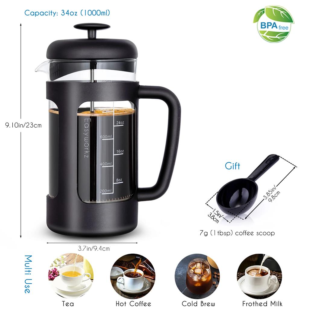 French Press Kávovar Borosilikátové Sklo, Rukojeť s Měkkým Úchopem a Nerezový Filtr, pro Kávu Čaj Vaření