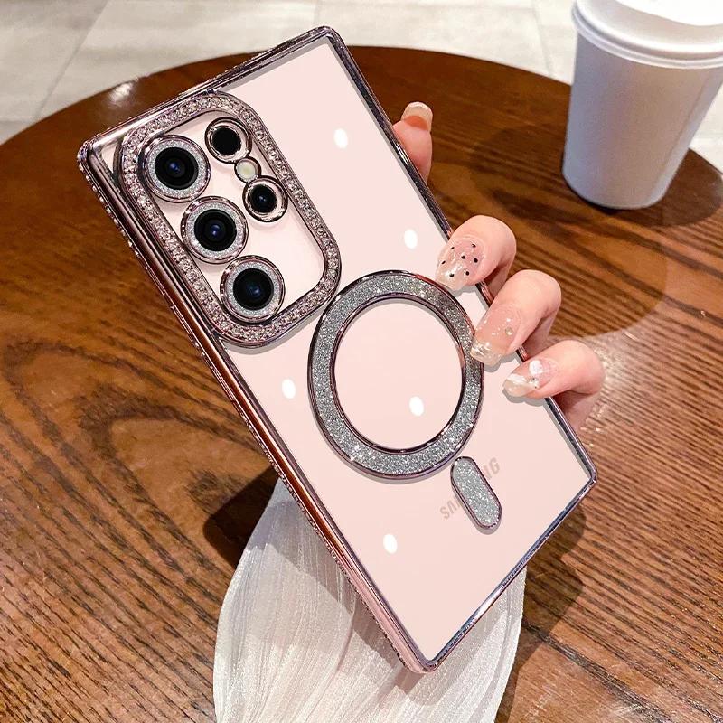 Luxury Sparkly Crystal Clear Case For Samsung Galaxy S24 Plus S23 S22 Ultra Magsafe Magnetic Wireless Charge Lens Film Cover