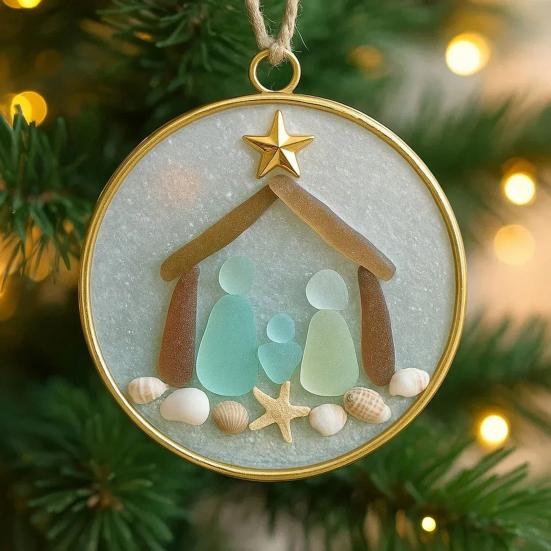 Sea Glass Nativity Christmas Ornament Beach-Inspired Hanging Ornament Nativity Christmas Tree Decoration for Xmas Tree Coastal Home Decor