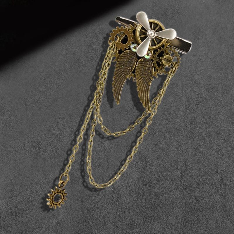 Elaborate Industrial Style Hairpin Wing Brooch Hair Jewelry Metal Gears Propeller Design For Role Play