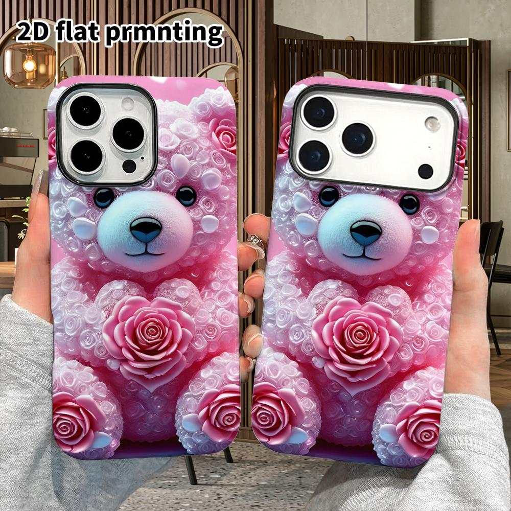 Phone Case: 2D Flat Suitable for iPhone 18 17 16 15 14 13Pro Film Protective Case, Couple Style, Rose Carved Little Bear, Christmas and Halloween Gift