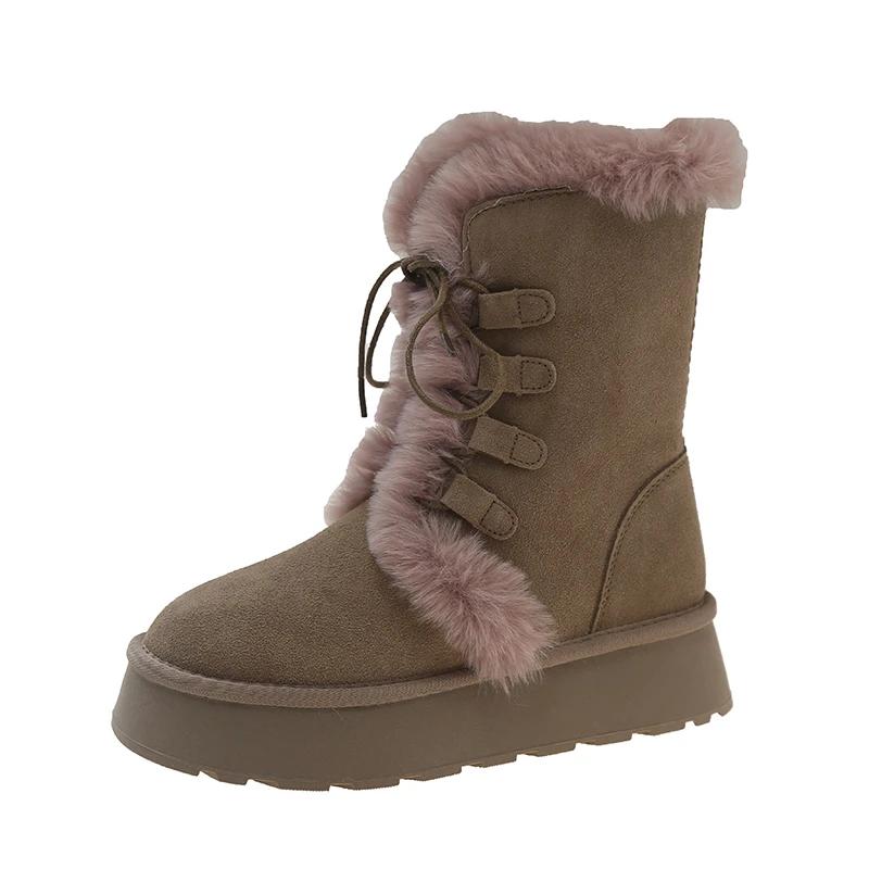 

Модные женские зимние сапоги на платформе, зимние теплые плюшевые хлопковые туфли до середины голени, 2025, новые брендовые сапоги на высоком каблуке, модные лодочки «Челси» Mujer 35 хаки