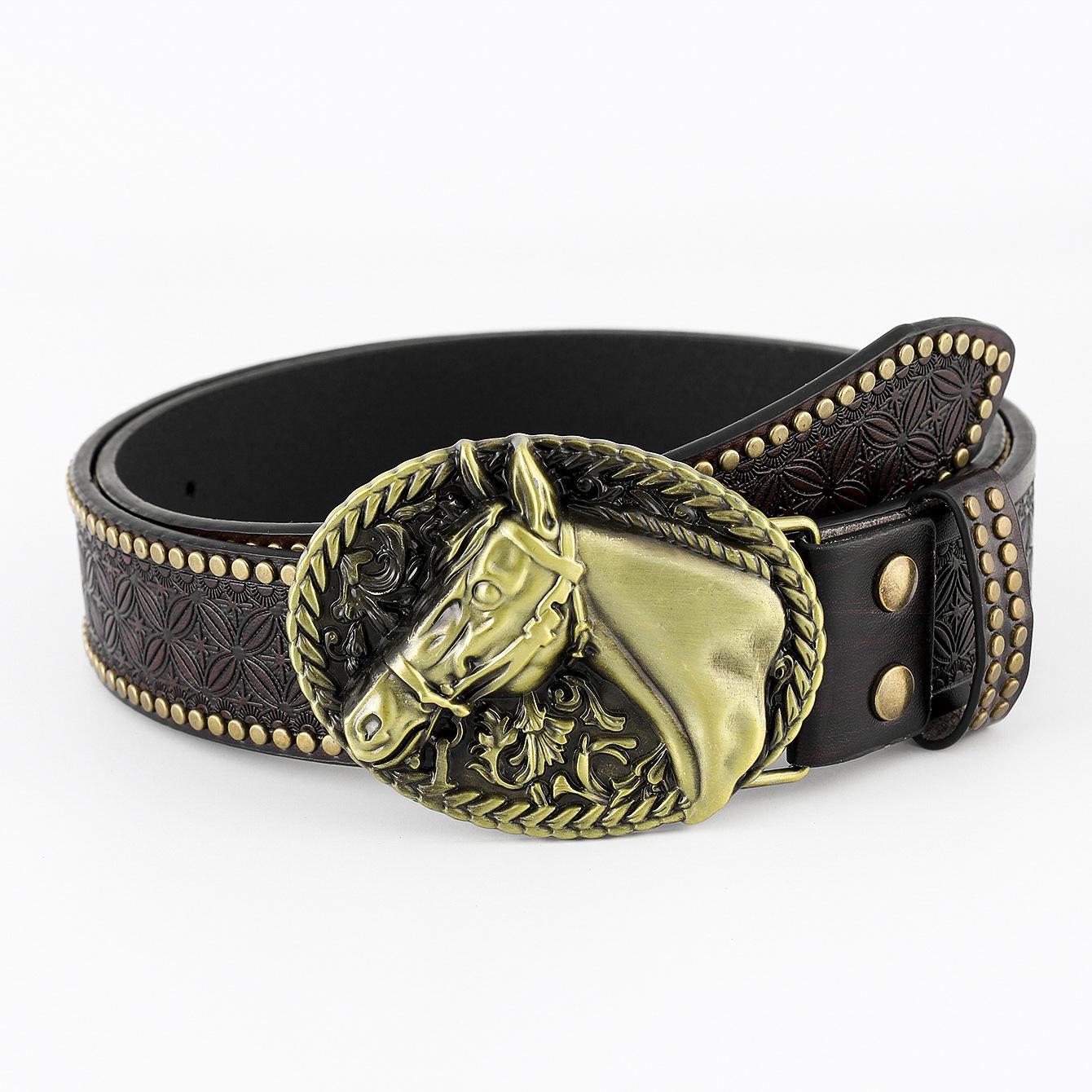 

Ремень из джинсовой ткани Western с большой резной пластиной и винтажным ретро-ремнем для мужчин в стиле панк из кожи XL (125cm)