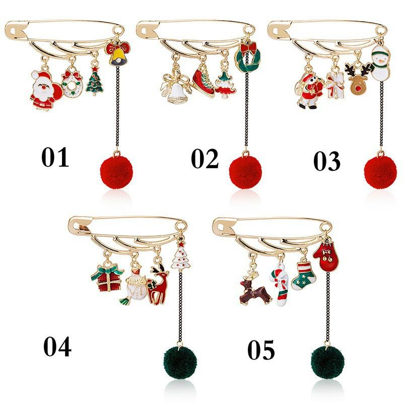 Women Christmas Creative Enamel Tree Elk Hairball Brooches Girls Sock Santa Claus Pins Brooch