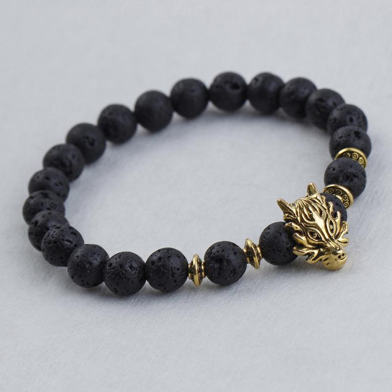 8mm Beaded Bracelet with Lion and Leopard Heads, Natural Volcanic Stone & Malachite on Elastic Cord