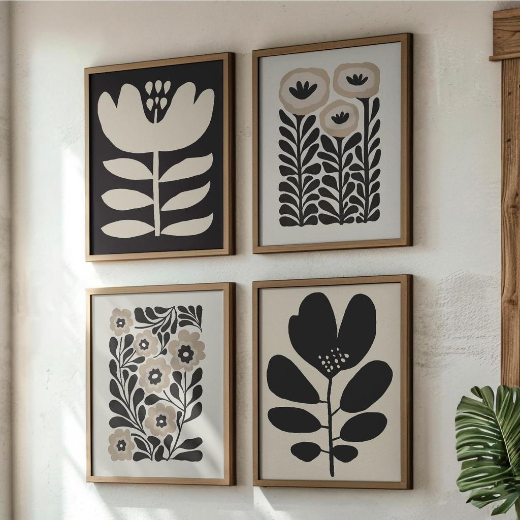 JXREQ Vinatge Boho Abstract Matisse Floral Wall Art, Mid Century Modern Abstract Black and Beige Floral Wall Decor for Home Kitchen Bedroom Bathroom