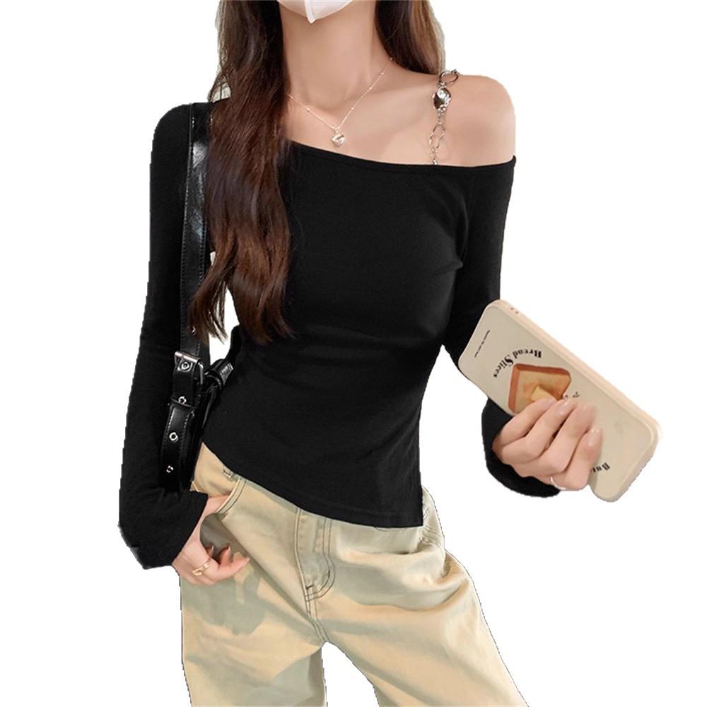 

Women s Black Long-Sleeve 2025 One-Shoulder Top - Chic Autumn/Winter Design Small