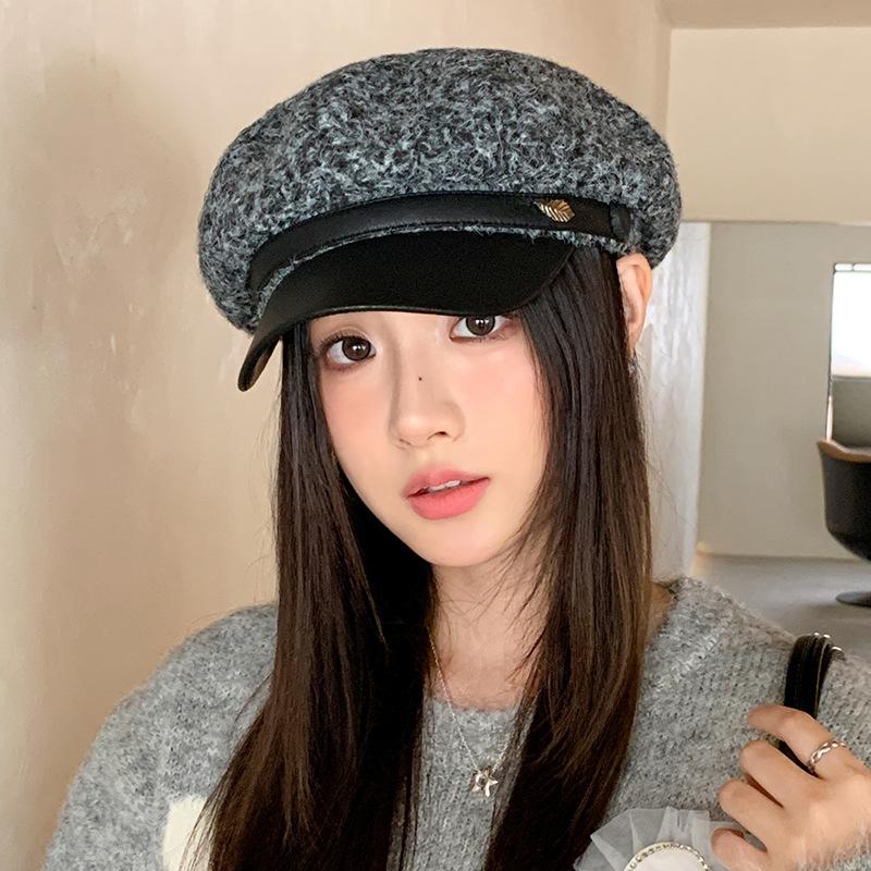Leather brim duck tongue beret autumn and winter hat women's velvet warm octagonal hat fashionable versatile painter hat