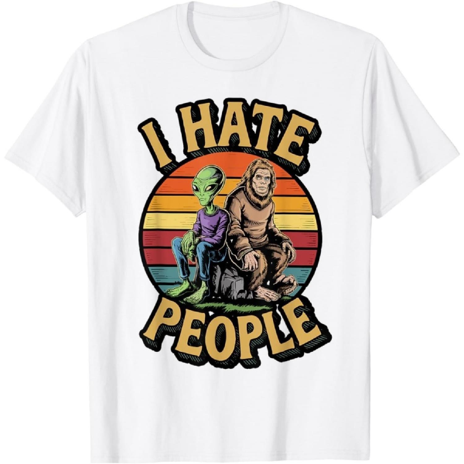 QINIHUI Retro Alien and Bigfoot Hate People Meme T-Shirt S