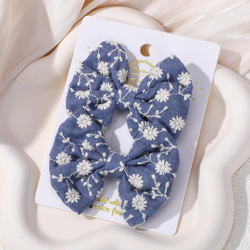 2Pcs/set Bows for Girls Hair Pins Embroidery Printing Hair Clips Solid Color Bowknot Handmade Barrettes Kids Hair Accessories