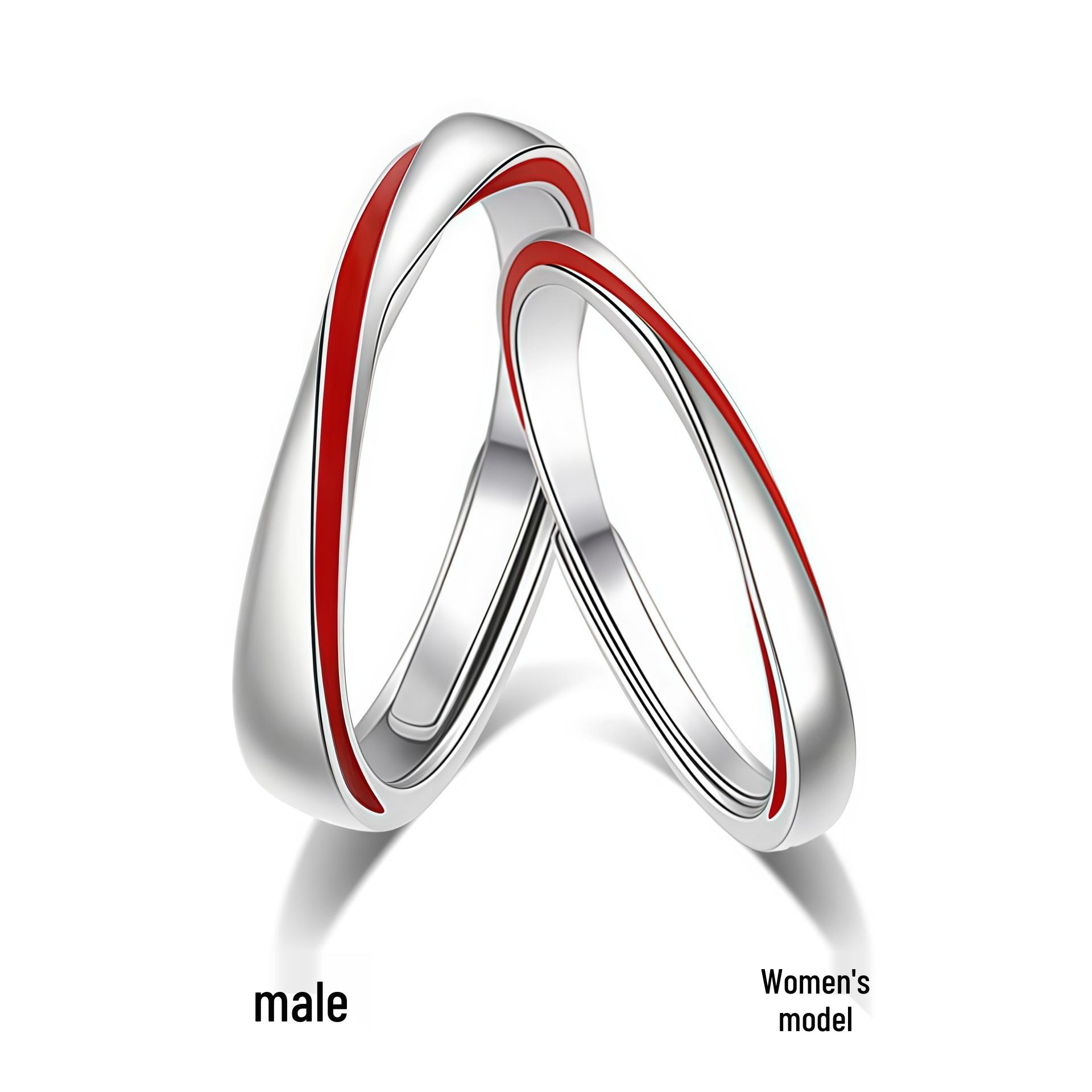 S999 Sterling Silver Red String Mobius Strip Adjustable Couple Rings | Light Luxury Trendy Design Open Adjustable