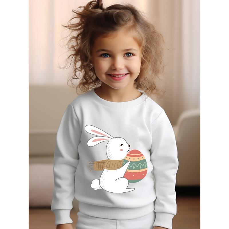 European sizes Cute Easter Bunny Wearing Scarf Print, Kid's Casual Comfy Round Neck Long Sleeve Sweatshirt For Daily And Outdoor Wear