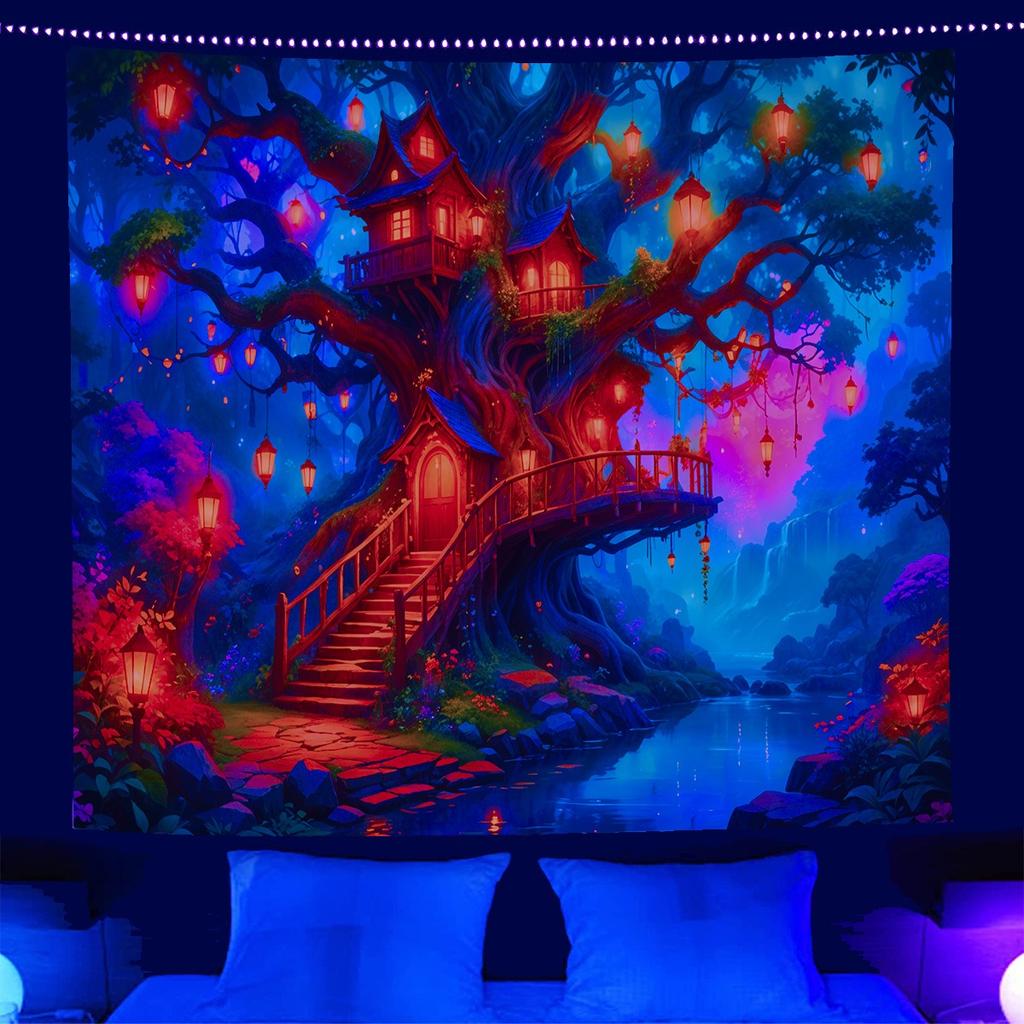Fantasy Treehouse Blacklight Tapestry UV Reactive Forest River 2D Flat Printed Peach Skin Wall Hanging Party Backdrop Room Decor