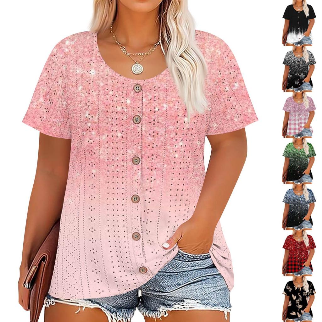 Plus Size Women's Fashion Casual Vintage Printed O-Neck Short Sleeve Button T-Shirt Top