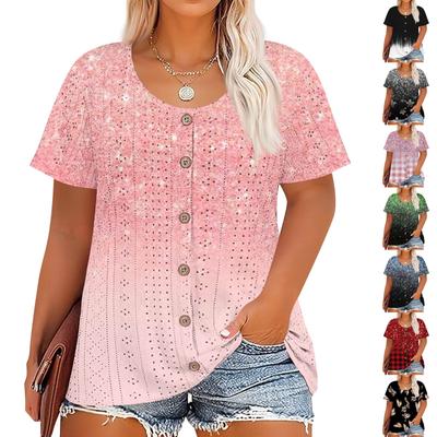 Plus Size Women's Fashion Casual Vintage Printed O-Neck Short Sleeve Button T-Shirt Top