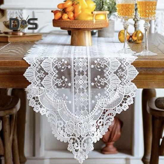 Spets Virkad Bordsflagga Vit Broderi Blommönster Bordslöpare Säsongsbetonad Bondgård Matbordsdekoration