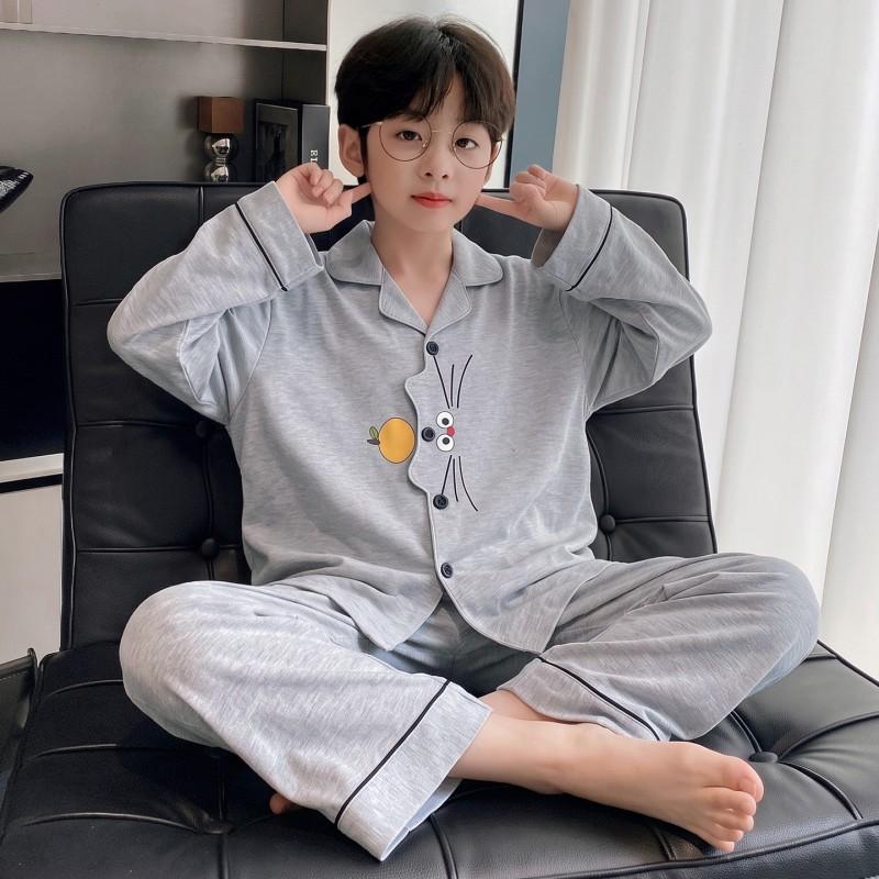 Boys Long Sleeve Cotton Pajamas Set Cartoon Print Soft Sleepwear Kids Teens Home Wear