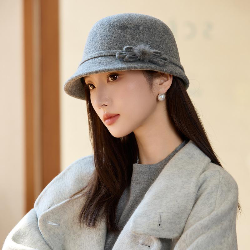 New Hat Women's Elegant Retro Basin Hat Wool Woolen Mother Hat Classic Bow Thermal Hat