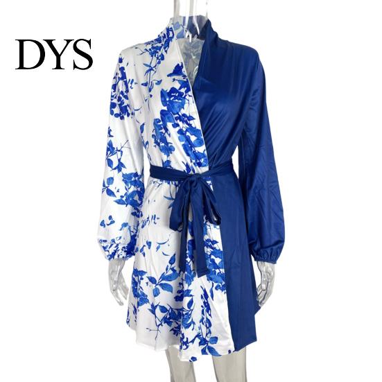 Slim Waist Dress Spring Fall Lady Women with Lace-up Tie Lapel V Neck Colorblock A-line Color Matching Coat Style Long Sleeves Commuting Business Mini