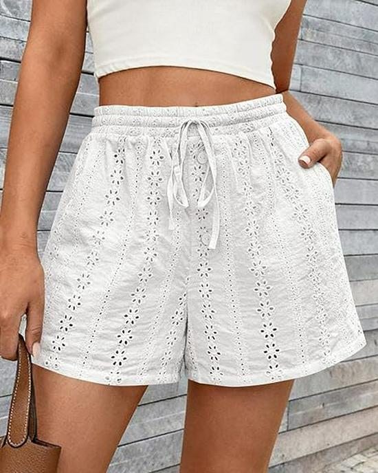 2026 European and American Women's Casual Hollow Elastic Drawstring Beach Shorts in Solid Color