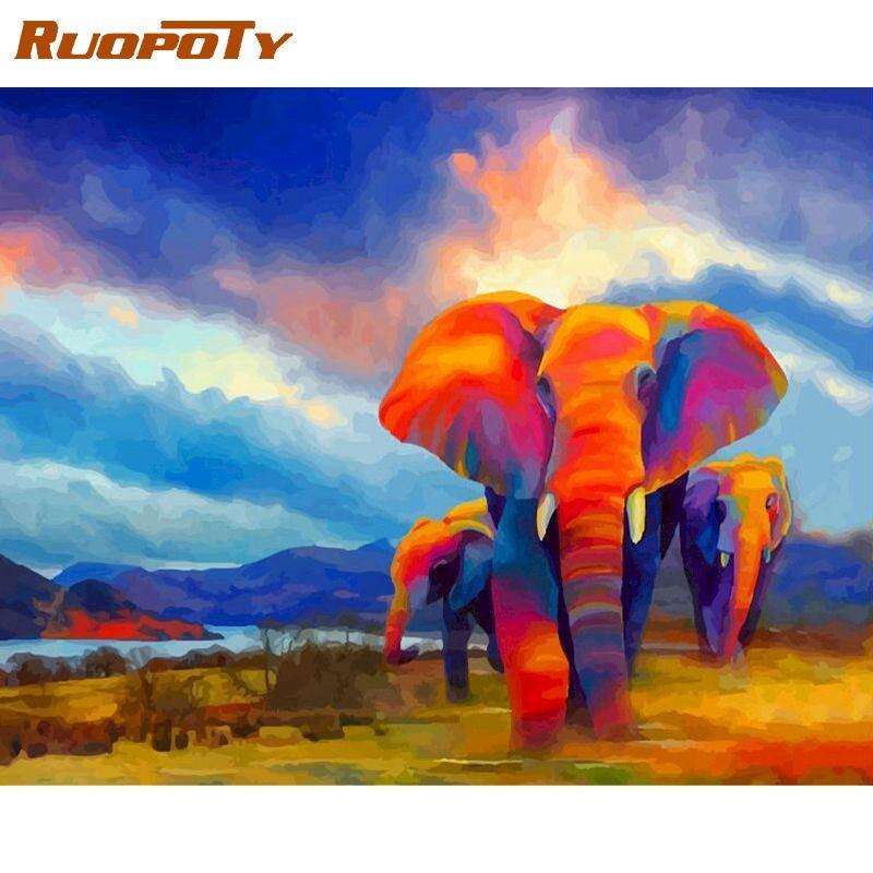 RUOPOTY Frame DIY Painting By Numbers Elephant Animals Acrylic Coloring By Numbers Paint On Canvas Hand Painted Oil Painting