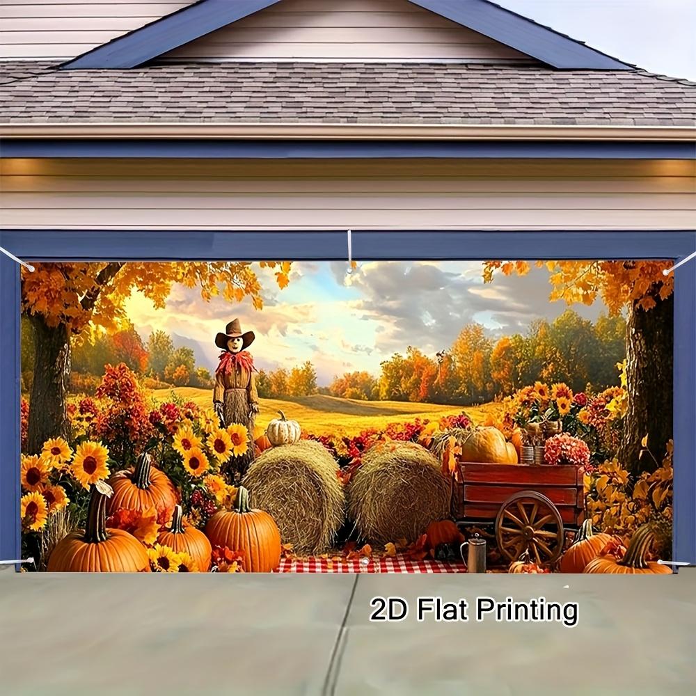 1 piece vintage autumn harvest scarecrow and haystack garage door flag -2D flat printing large fabric cover