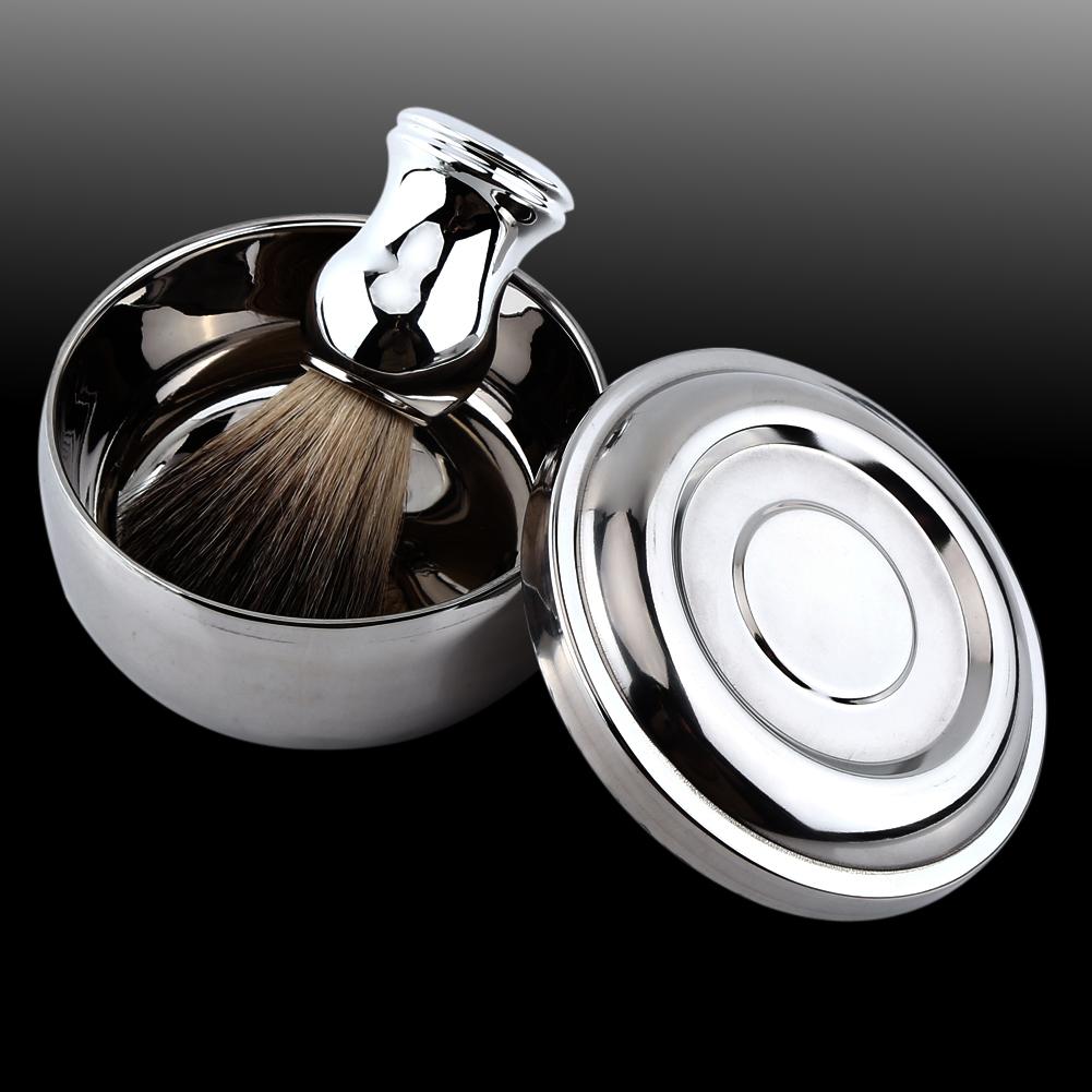 Alloy Shaving Soap Mug Bowl With Lid   Silver Handle Faux Badger Hair Brush Men Shave Tool Kit