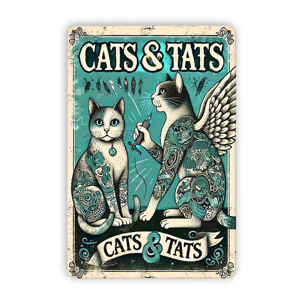 Vintage "Cats & Tattoos" Metal Sign – Whimsical Waterproof Wall Art with Feline & Tattoo Designs | Perfect Room Decor for Edgy