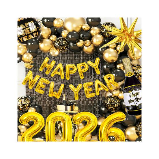 2026 New Year Decoration Black Gold Silver Latex Balloons Foil Letter Balloon Banner Set for New Years Eve Prom Party Supplies