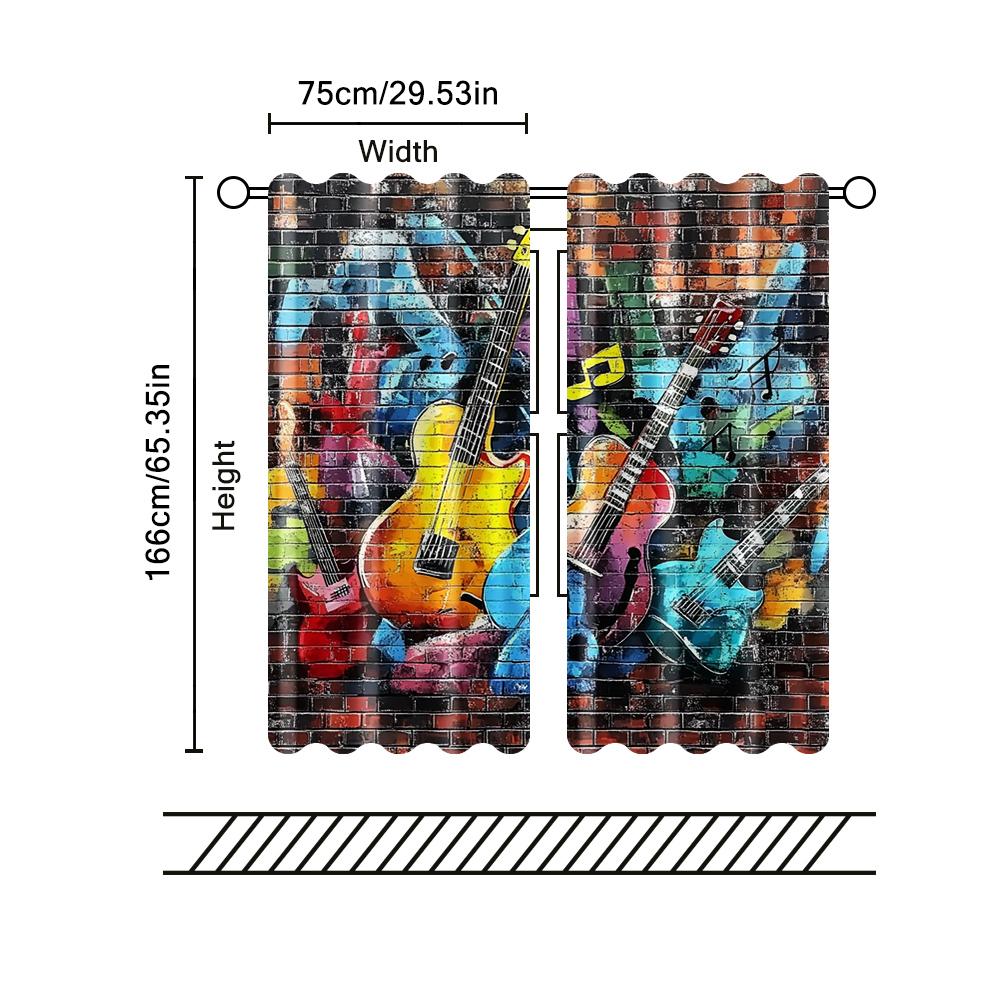 Set Of 2 Filtering Curtains Excluding Rods Non Movable Without Batteries Graffiti Brick Wall Music Theme Use Curtain Polyester