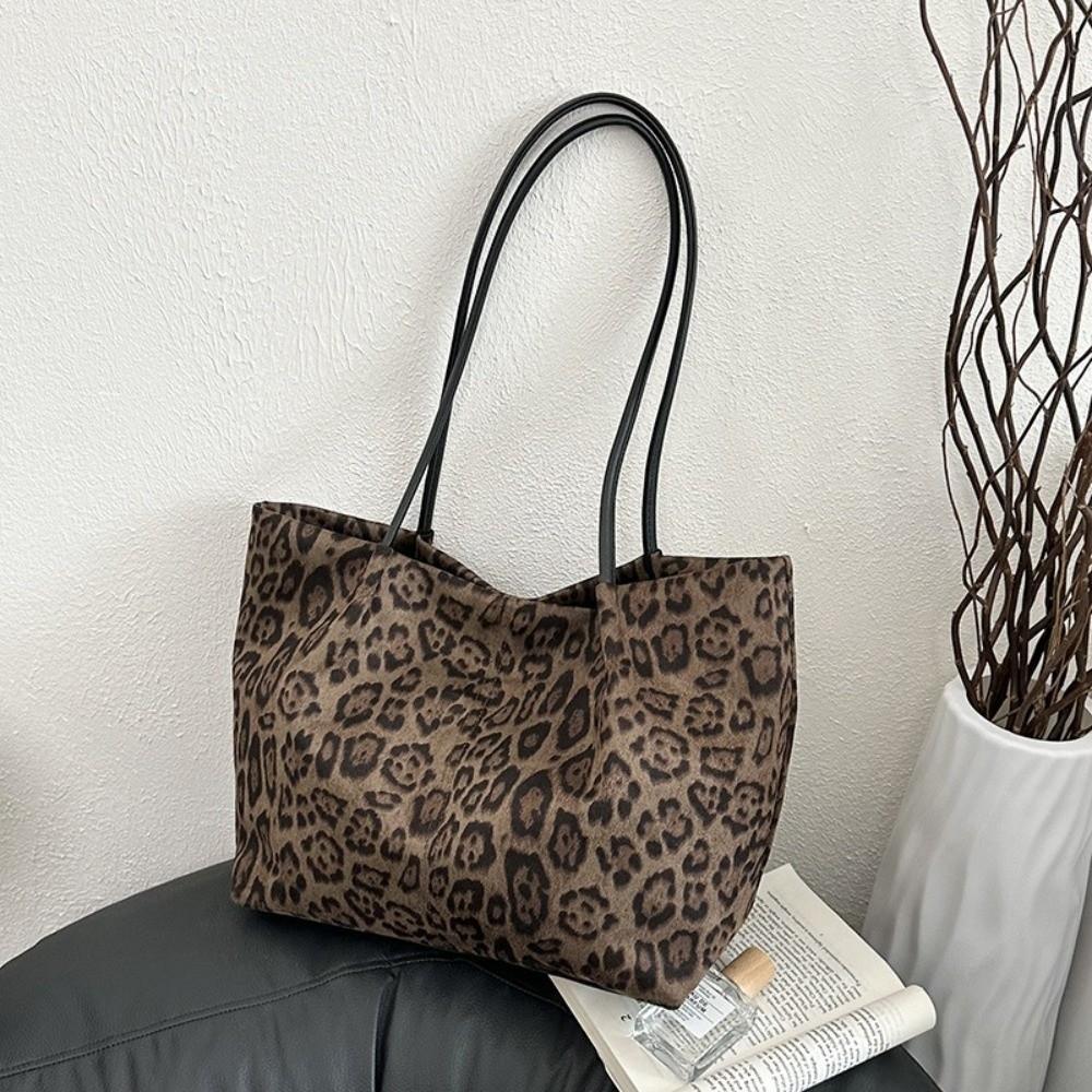 Retro Leopardenmuster Schultertasche Wildleder Große Kapazität Tragetasche Magnetischer Verschluss Verdicktes Design Damen Handtasche