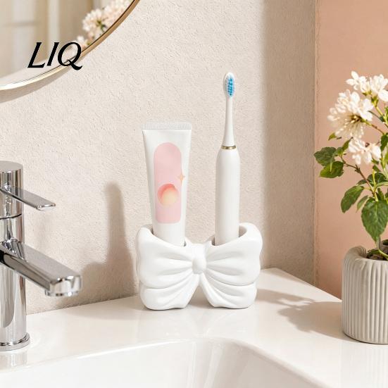 Bathroom Counter Organizer 3D Printed Bow Toothbrush Holder, Adhesive Cup with Dual Holes for Cute Vanity Decor & Toothpaste, Decor, Minimalist