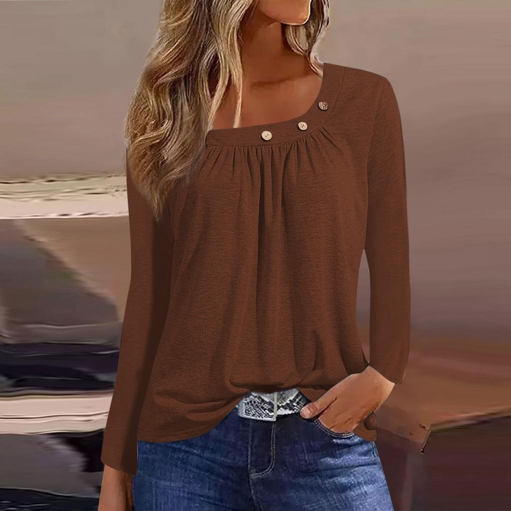 Long Sleeve Blouses For Women Casual O-Neck Button Down Shirt Solid Blouse Tops Loose Fit Fall Shirt Top