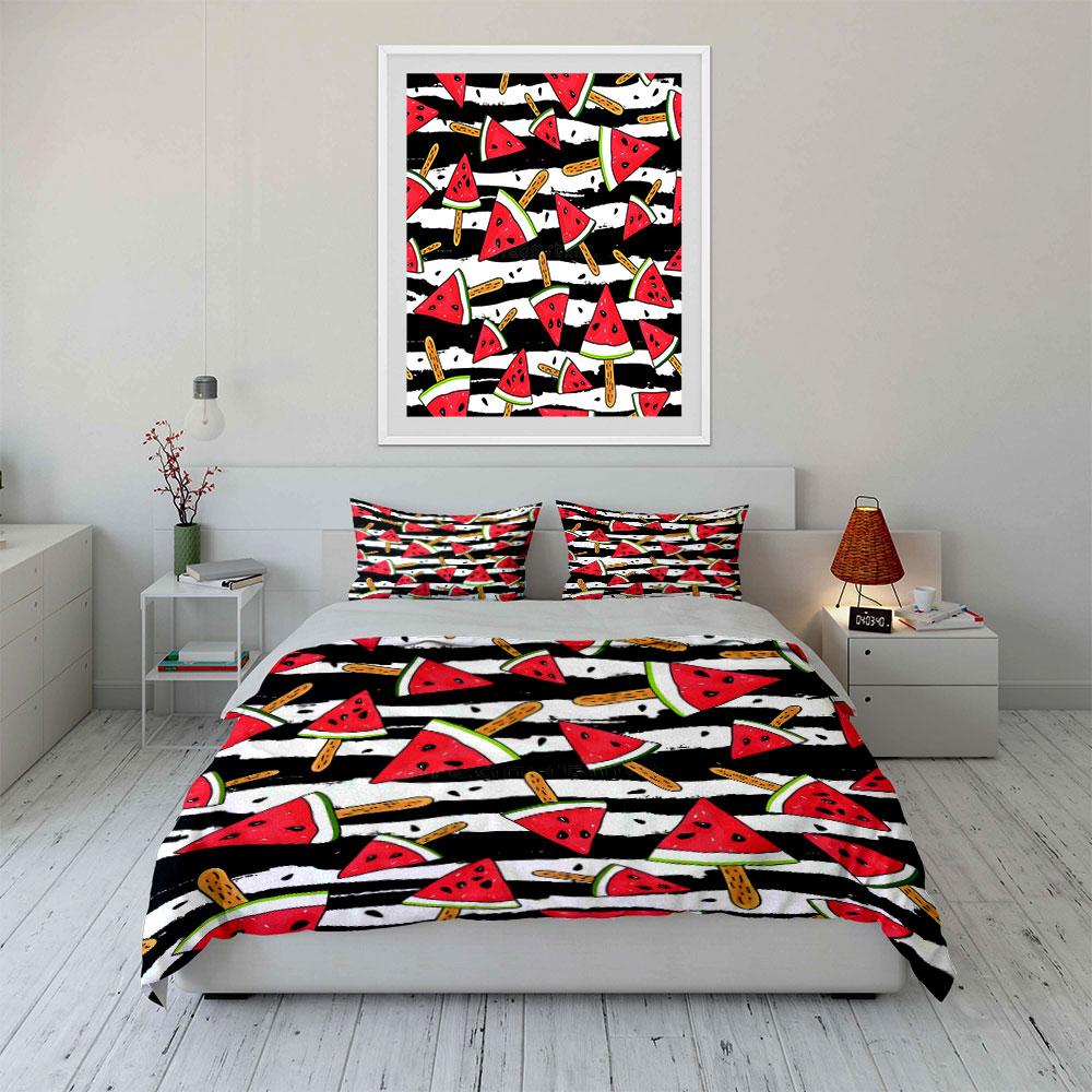 Watermelon Popsicle Pattern with Striped Print Bedding Set 1 Duvet Cover 2 Pillowcases for Adult Children Luxury Gift Full Size